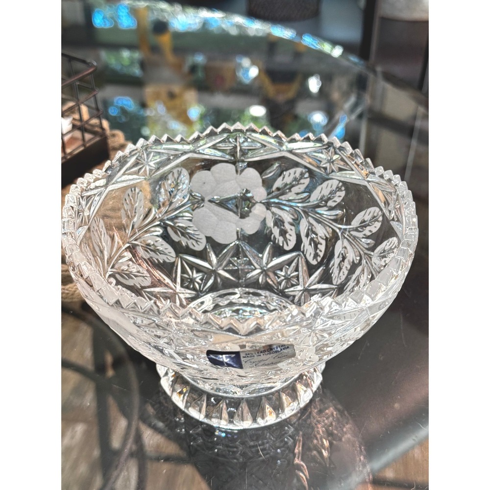 Vintage Crystal Clear Inc Frosted Rose Bowl CC119 24% Lead Crystal Yugoslavia